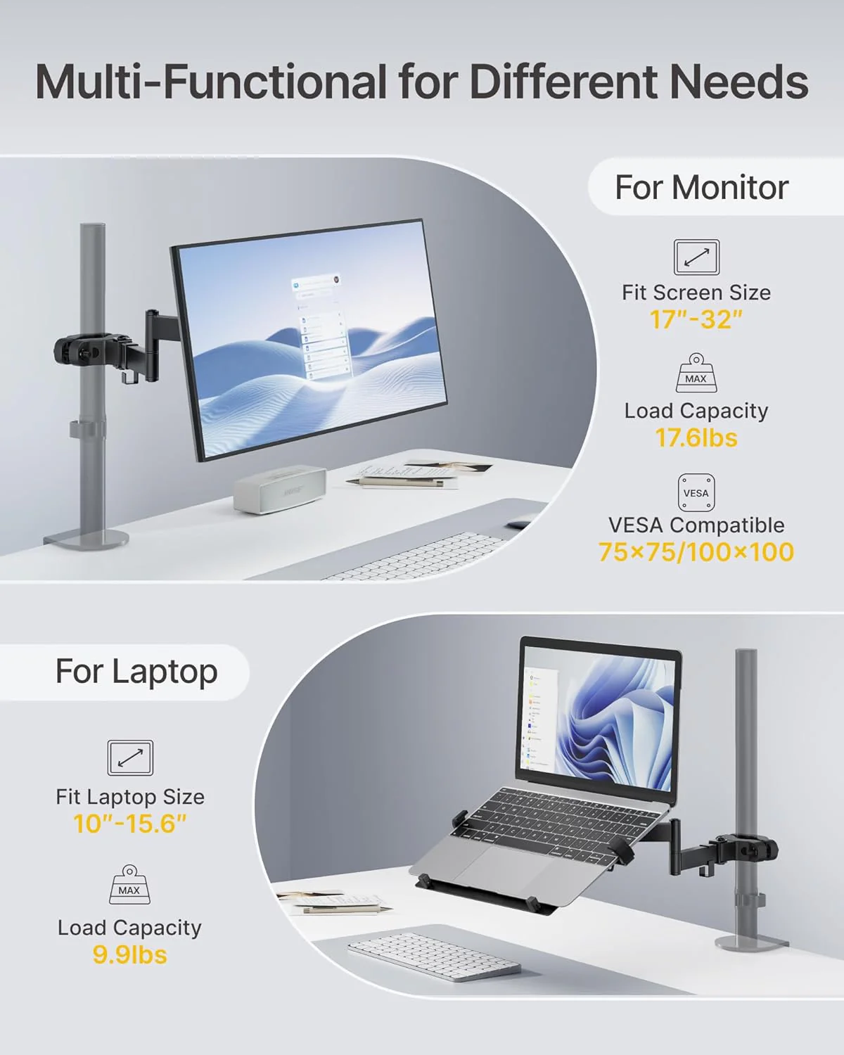 2-in-1 Laptop Tray & Monitor Pole Mount Bracket | MA1005PLP - Image 2