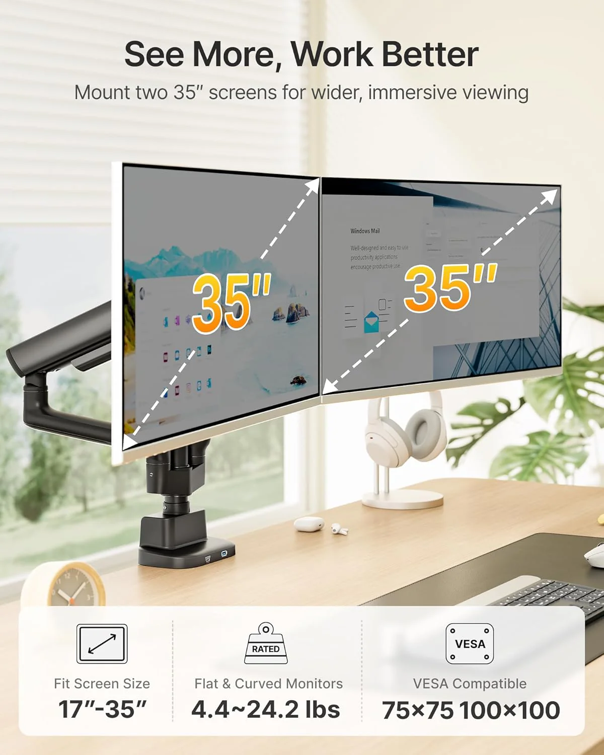 Dual Tall Monitor Arm with USB for 17-35" Screens | MA1011UCPBK-D - Image 2