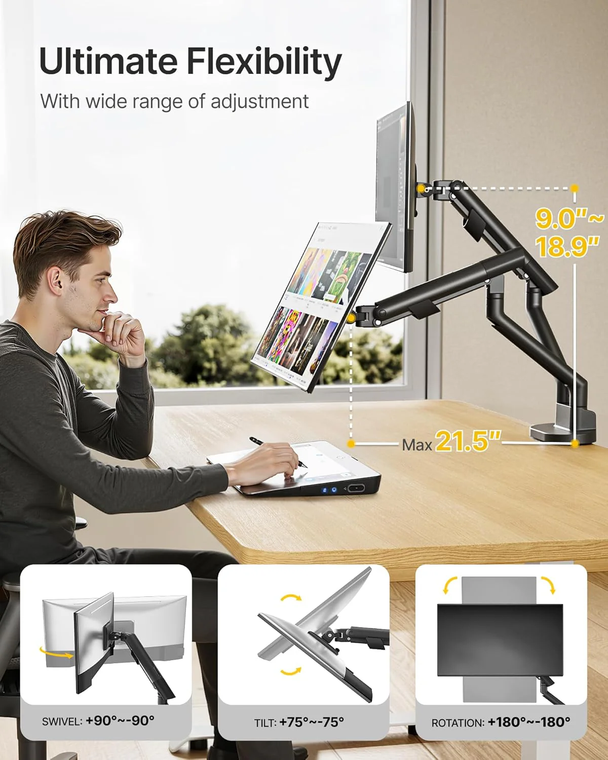 Dual Monitor Stand for 2 Screens 17 to 35 Inch | MA1010BK-D - Image 3