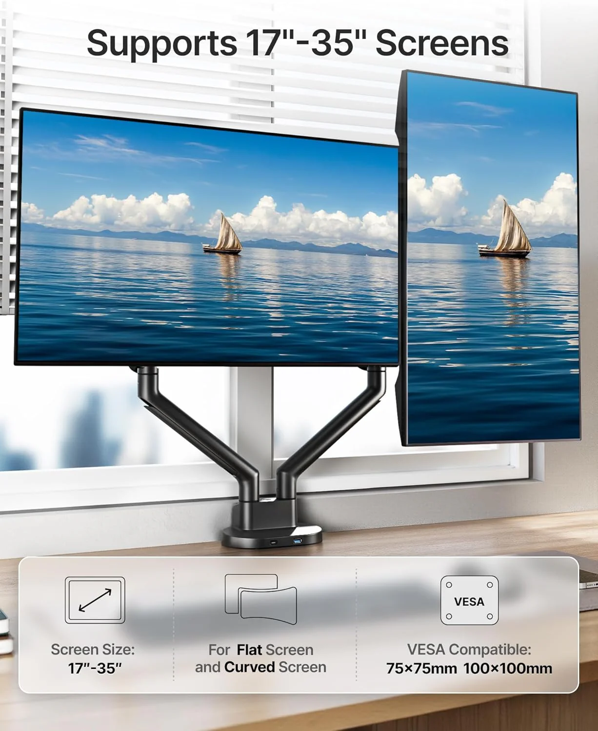 Dual Monitor Stand Mount with USB Up to 35" Screens | MA1010UCBK-D - Image 2