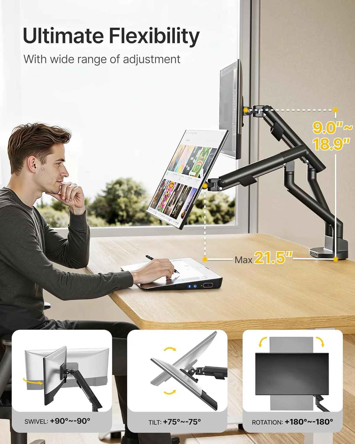 Dual Monitor Stand Mount with USB Up to 35" Screens | MA1010UCBK-D - Image 3