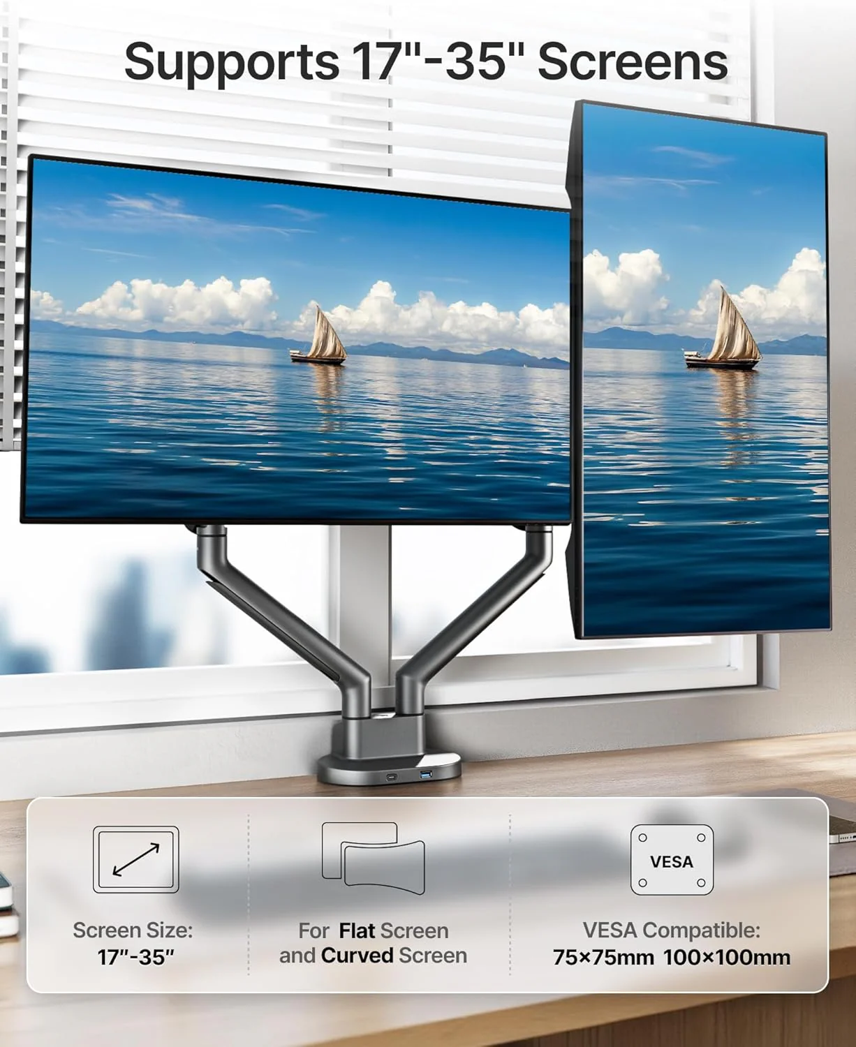 Dual Monitor Stand Mount with USB for Up to 35" Screens | MA1010UCDG-D - Image 2