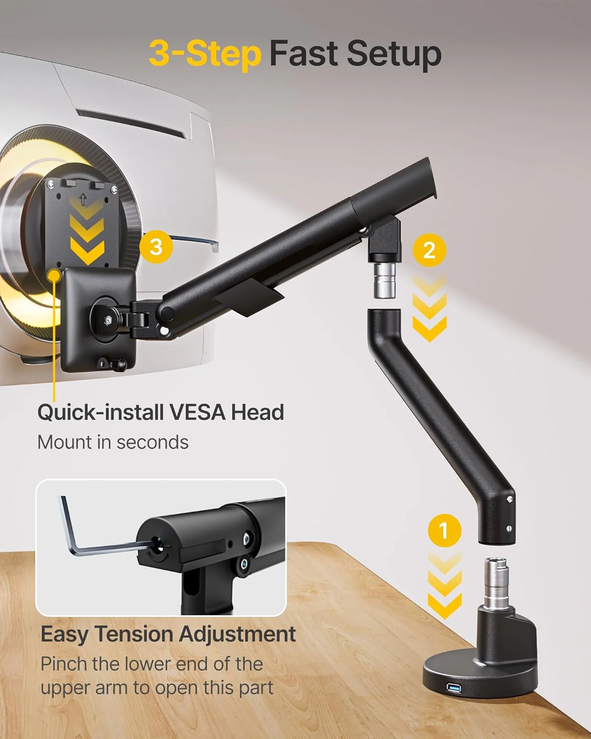 Single Monitor Arm with USB for 17-40 Inch Screens | MA1010UCBK - Image 7
