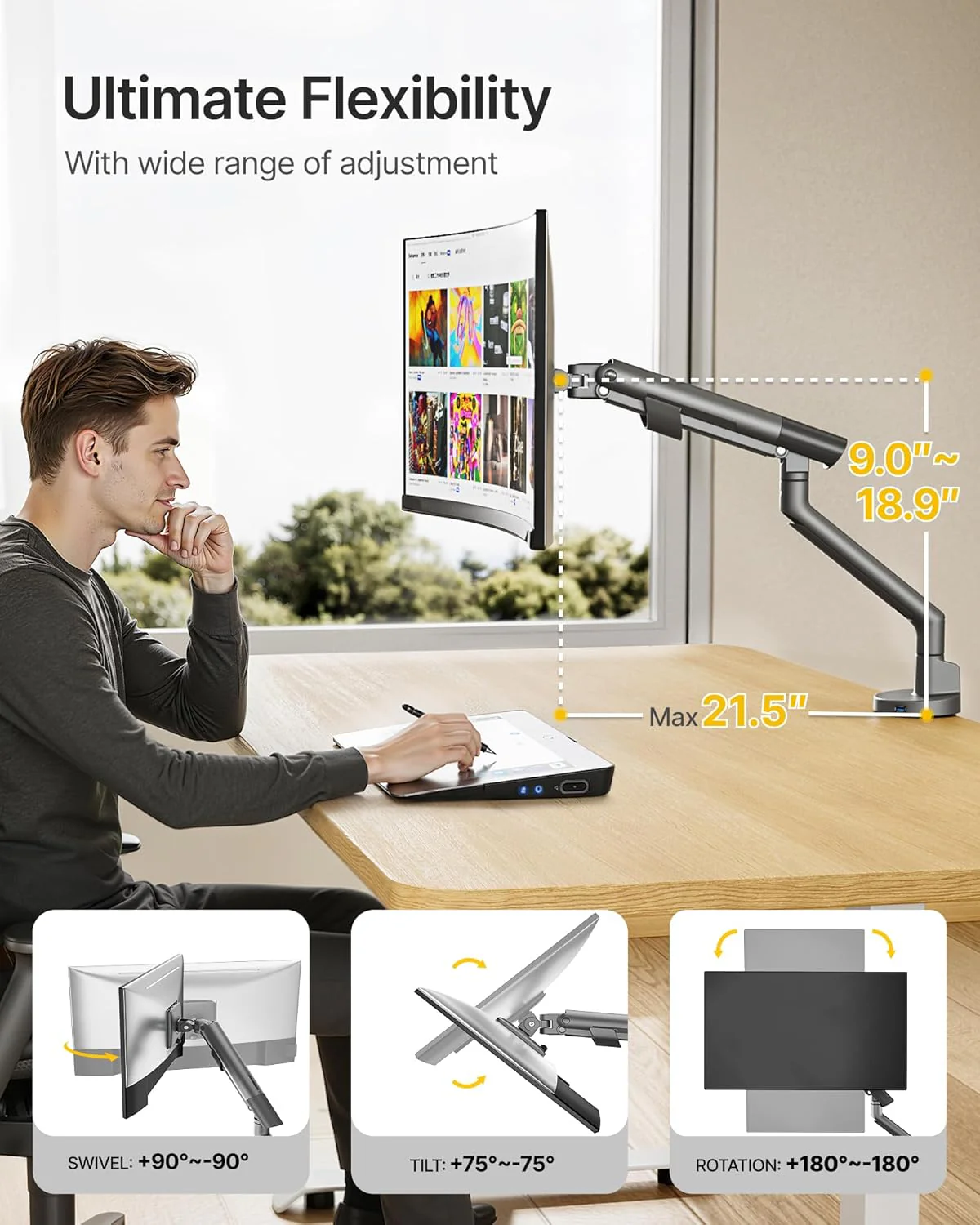Single Monitor Arm with USB for 17-40 Inch Screens | MA1010UCDG - Image 3