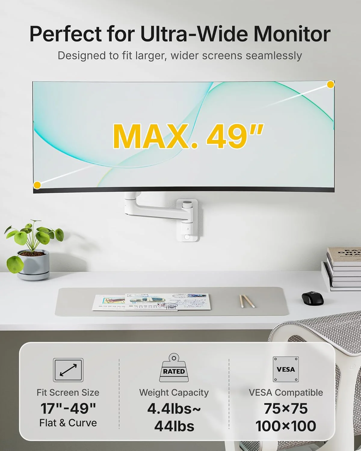 Single Monitor Wall Mount for 17"-49" Screens | MA1001WWH-S - Image 3
