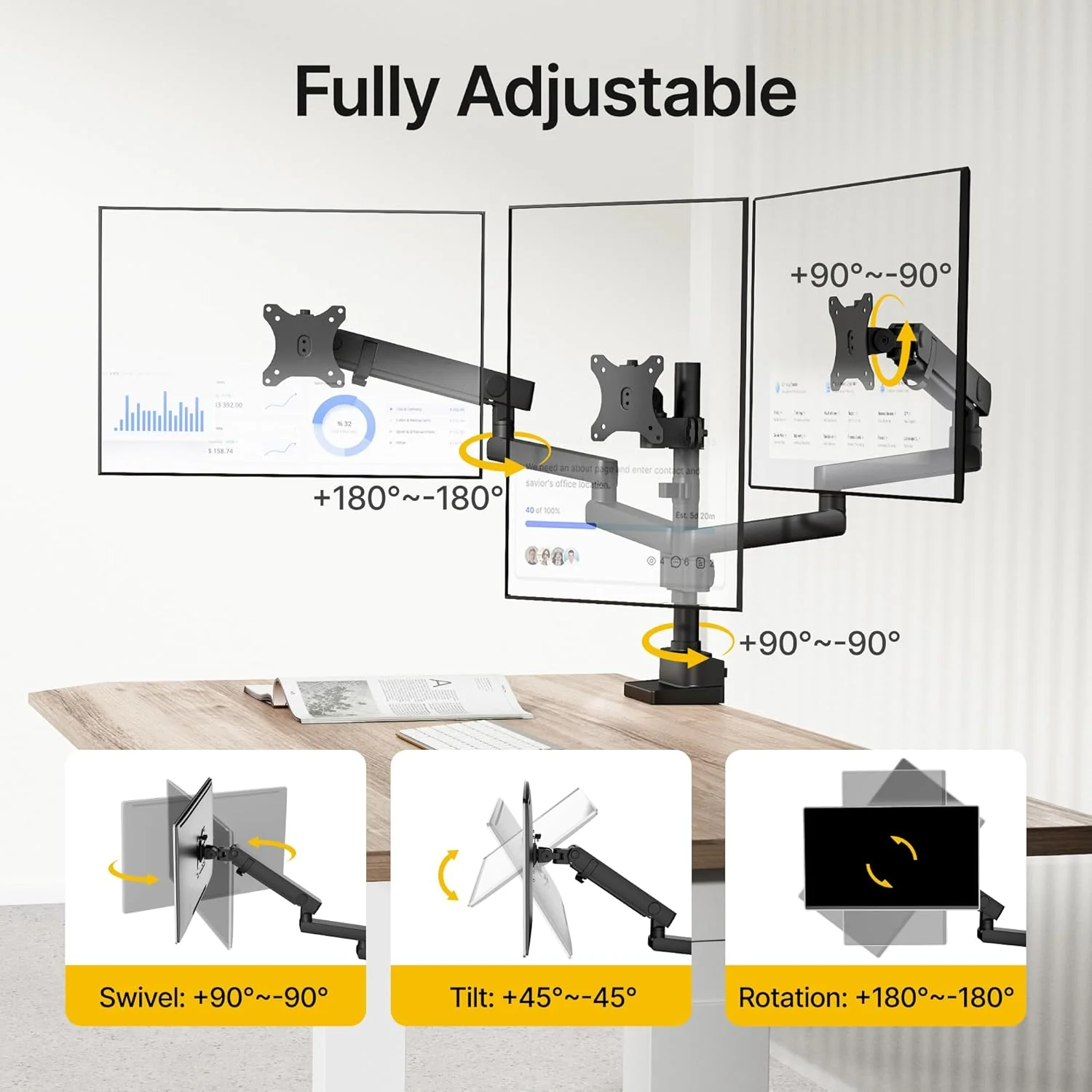 Triple Monitor Mount for Max 27“ Screens | MA1009PBK-T - Image 3